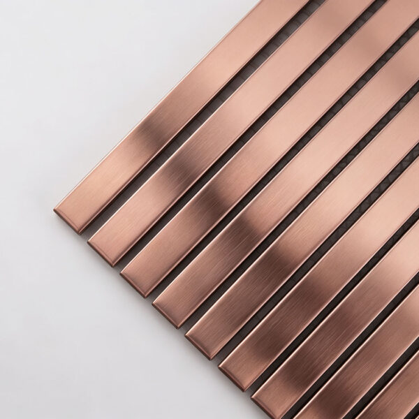 Rose-Gold-Brushed-Stainless-Steel-Ribbed-Tile-Corner-Detail Stainless Steel Ribbed Mosaic Long Shower Accent and Restroom Backsplash Tile