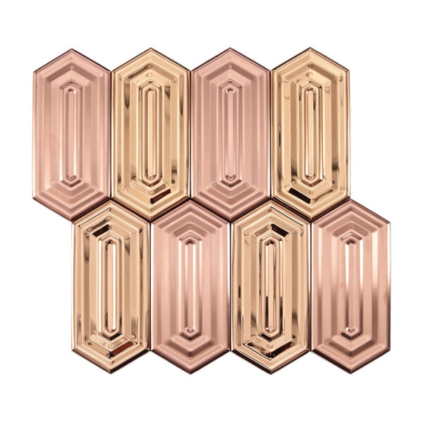 Rose-Gold-Hexagon-Metal-Mosaic-Full-Sheet Rose Gold Elongated Hexagon Mosaic Brushed and Mirror Metallic Tile