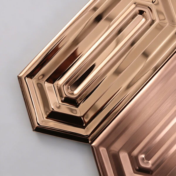 Rose-Gold-Hexagon-Mosaic-Detail Rose Gold Elongated Hexagon Mosaic Brushed and Mirror Metallic Tile