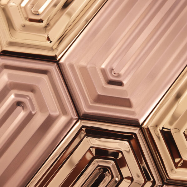 Rose-Gold-Hexagon-Mosaic-Texture Rose Gold Elongated Hexagon Mosaic Brushed and Mirror Metallic Tile