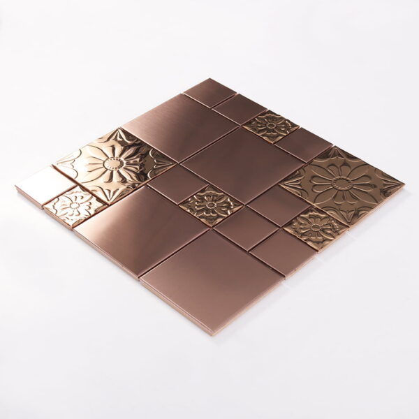 Rose Gold Stainless Steel Mosaic Wall Tile with Embossed Flower Design
