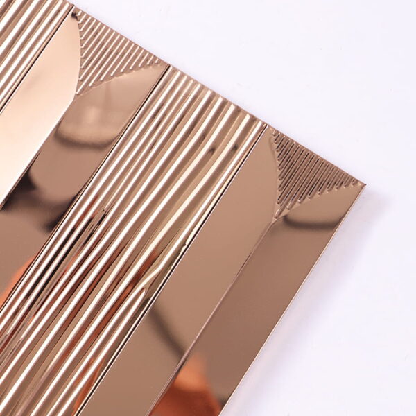 Rose-gold-vertical-striped-metal-mosaic-tile-corner-close-up Rose Gold Stainless Steel Vertical Subway Metal Tile