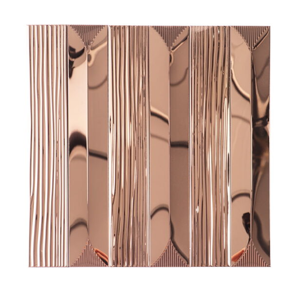 Rose-gold-vertical-striped-metal-mosaic-tile-front-view Rose Gold Stainless Steel Vertical Subway Metal Tile