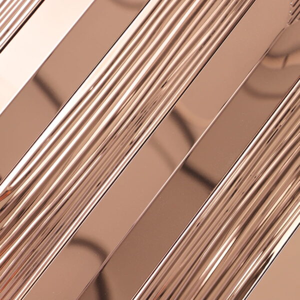 Rose-gold-vertical-striped-metal-mosaic-tile-surface-detail Rose Gold Stainless Steel Vertical Subway Metal Tile