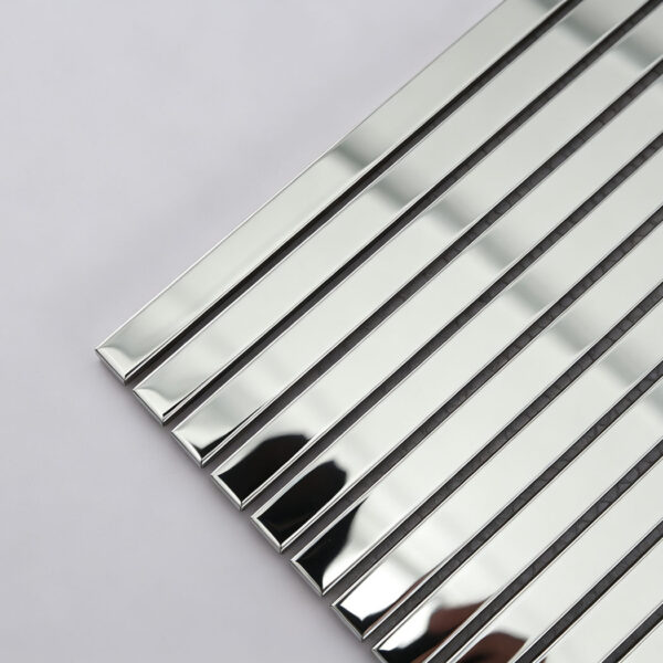 Silver-Stainless-Steel-Pencil-Tile-Corner-Detail Silver Mirror Metal Pencil Tile Kitchen Backsplash and Shower Accent Mosaic
