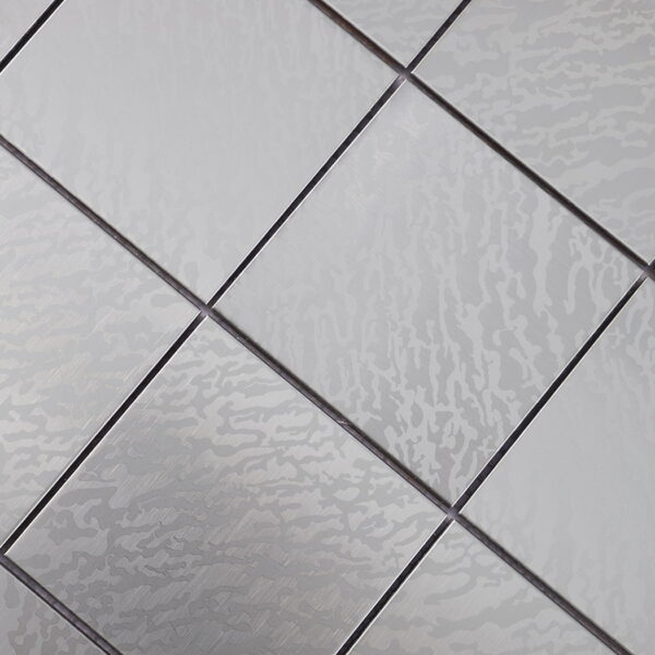 Silver-brushed-square-metal-mosaic-close-up Silver Brushed Square Stainless Steel Metal Mosaic Tile With Subtle Wave Texture