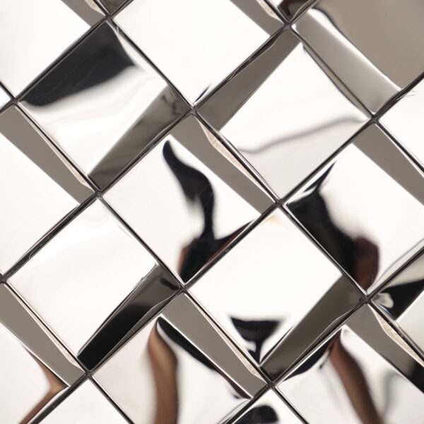 Silver-square-tiles-with-smooth-surfaces-and-mirrored-effect,-detailed-view Stereo Stainless Steel 3D Metal Square Mosaic Tile