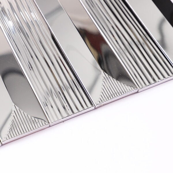 Silver-stainless-steel-vertical-striped-metal-mosaic-tile-edge-view Silver Long Subway Stainless Steel Groutless Mosaic Tile