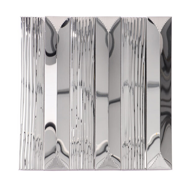 Silver-stainless-steel-vertical-striped-metal-mosaic-tile-front-view Silver Long Subway Stainless Steel Groutless Mosaic Tile