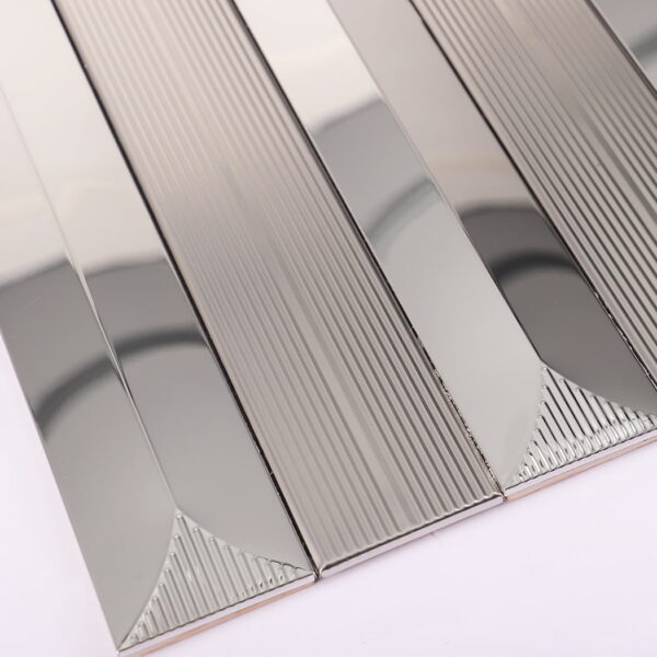Silver-wall-tile-side-angle-view Silver Stainless Steel Long Subway Mosaic Wall Tile