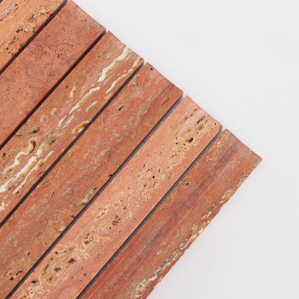 Texture-detail-of-Red-Travertine-fluted-mosaic Red Travertine Fluted Vertical Mosaic Tile for Kitchen Backsplash and Interior Feature Walls