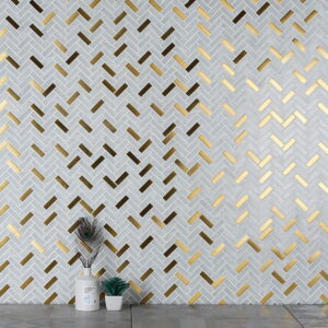 Wall-featuring-white-and-gold-herringbone-mosaic-tile Herringbone Glass Mixed With Metal Mosaic Tiles