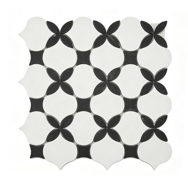 White and Black Floral Marble Mosaic Tile