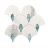 White-marble-fan-mosaic-tile-with-blue-glass-front-view White Blue Fish Scale Marble and Glass Waterjet Mosaic Wall Tile