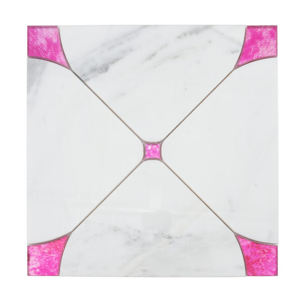 White-marble-mosaic-tile-front-view White Square Marble Waterjet Mosaic Tile with Pink Glass