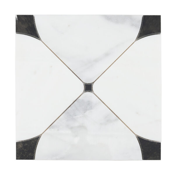 White-marble-mosaic-tile-front-view-square-pattern Square Wall Mosaic Tile with White Marble and Black Glass Waterjet Design