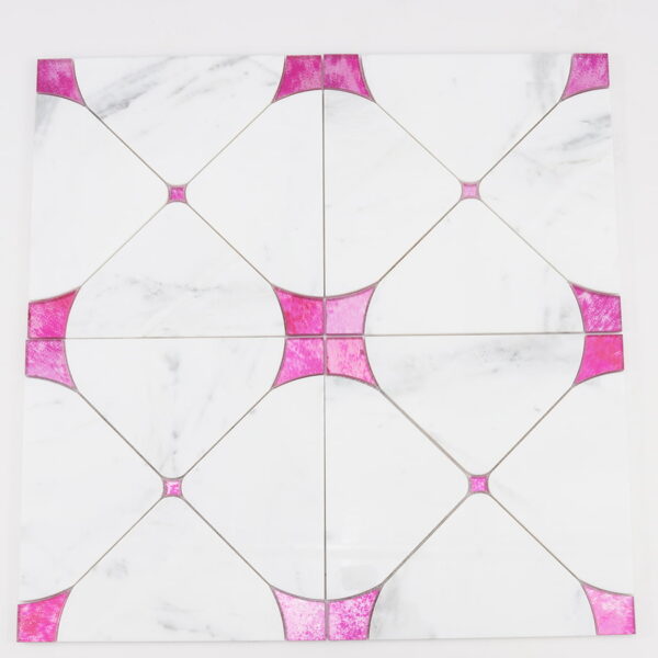 White-marble-mosaic-tile-full-layout White Square Marble Waterjet Mosaic Tile with Pink Glass