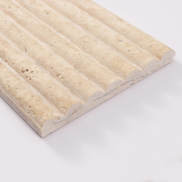 angled-edge-view-of-fluted-travertine-tile Long Beige Travertine Fluted Stone Strip Wall Tile