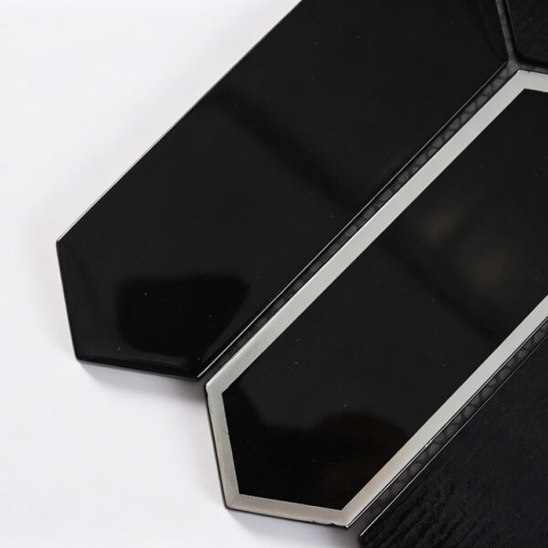 black-beveled-picket-glass-tile-silver-frame-detail Black Picket Glass Mosaic Tile With White Veining And Silver Frames
