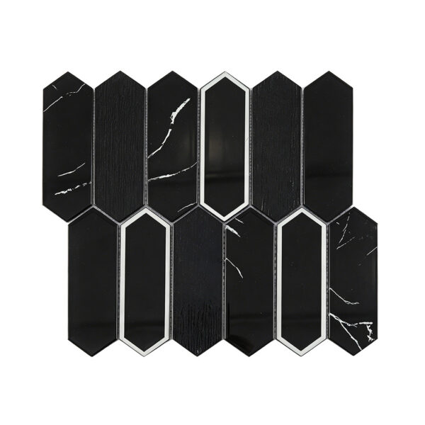 black-marble-look-picket-glass-mosaic-sheet Black Picket Glass Mosaic Tile With White Veining And Silver Frames