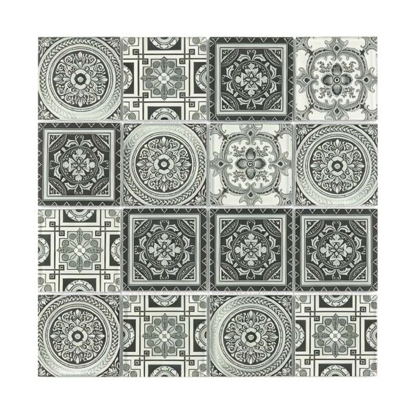 black-white-floral-square-glass-mosaic-sheet Big Square Black White Vintage Patterned Glass Tile