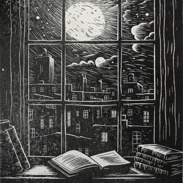 black-white-moon-window-mosaic-mural Handmade Black and White Moon Window Mosaic Mural Wall Art