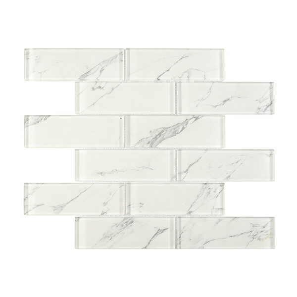 clean-white-marble-glass-subway-mosaic-panel White Glass Subway Bathroom Tile With Light Gray Marble Line Detail