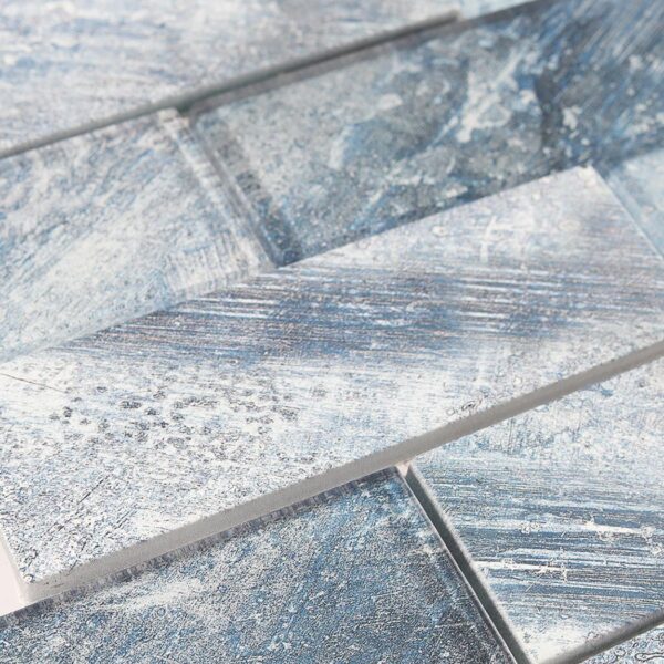 close-detail-blue-ink-pattern-glass-subway-tile Blue Glass Subway Backsplash Tile For Vanity Feature Wall