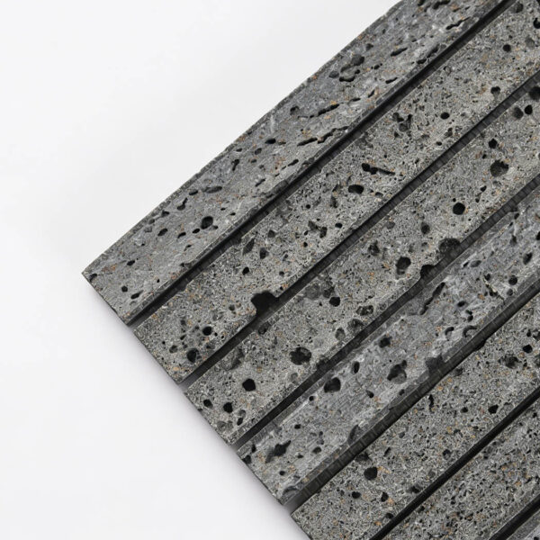 close-up-gray-lava-stone-linear-mosaic-tile-corner Gray Lava Stone Linear Mosaic Wall Tile – Modern Textured Stone Design