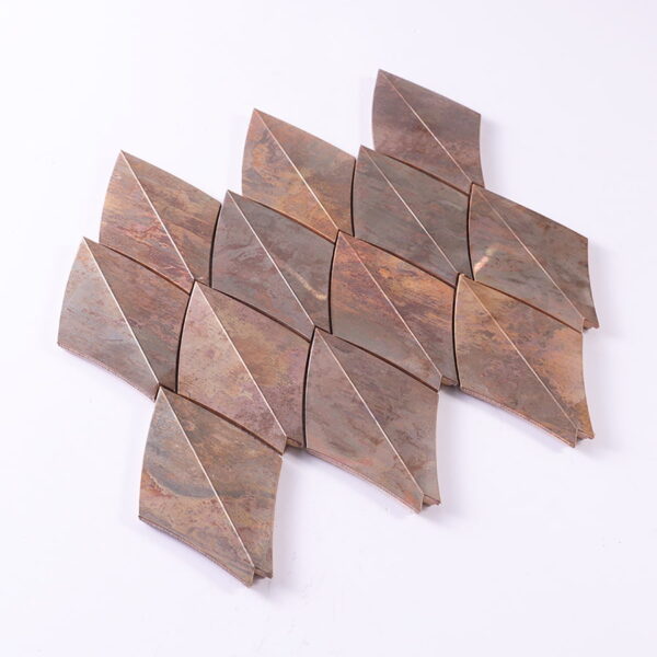 copper-diamond-mosaic-diagonal-view 3D Copper Diamond Metal Mosaic Wall Tile