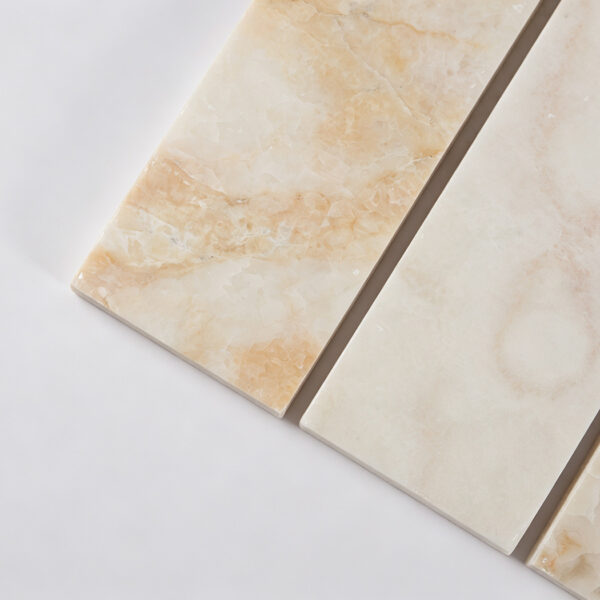Cream Vertical Marble Strip Tile with Translucent Crystals and Warm Veining