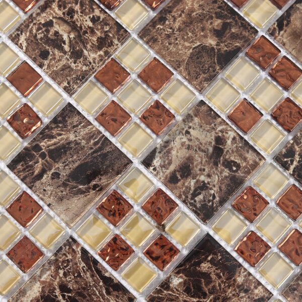 dark-brown-veined-glass-amber-cream-mosaic-pattern Dark Brown Veined Mosaic Tile With Amber Cream Glass Square For Bar Backsplash