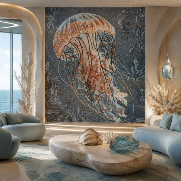 Deep Sea Jellyfish Handmade Glass Mosaic Mural – Ocean Wall Art for Living Spaces