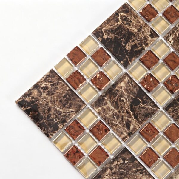 diagonal-corner-dark-brown-veined-glass-mosaic Dark Brown Veined Mosaic Tile With Amber Cream Glass Square For Bar Backsplash