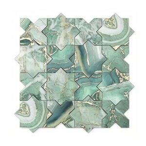 Emerald Gold Onyx Star Cross Mosaic Tile Sheet with Luxe Veining