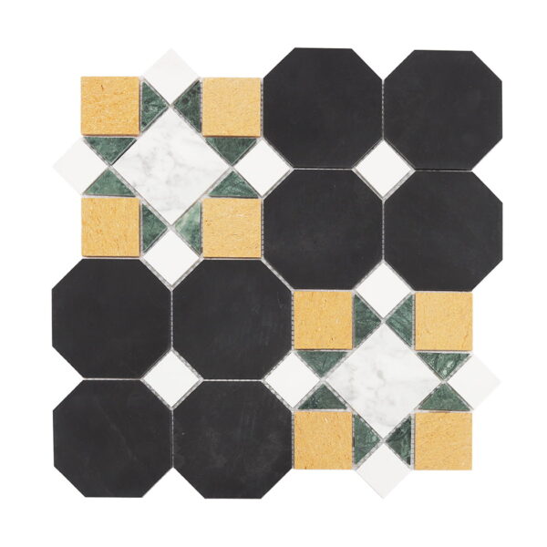 geometric-black-octagon-and-gold-marble-mosaic-sheet Multicolor Geometric Marble Mosaic Floor and Walls Tile