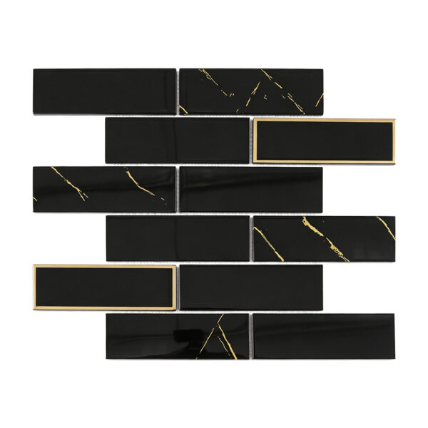 Black Glass Subway Wall Tile with Gold Veins and Gold Border Accent