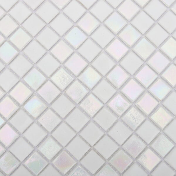 glossy-pearl-white-square-mosaic-tile-texture-detail Pearlescent White Square Glass Pool Tile Waterline Spa and Shower Walls Mosaic