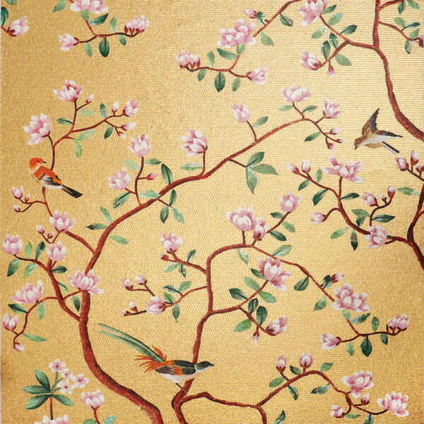 golden-flower-bird-mosaic-full-artwork Handmade Golden Flower Bird Mosaic Mural Tile for Luxury Living Room Wall Decor