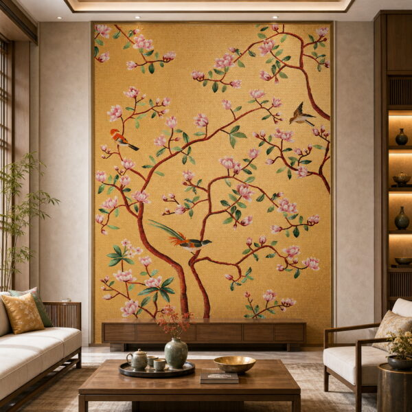 golden-flower-bird-mosaic-living-room Handmade Golden Flower Bird Mosaic Mural Tile for Luxury Living Room Wall Decor