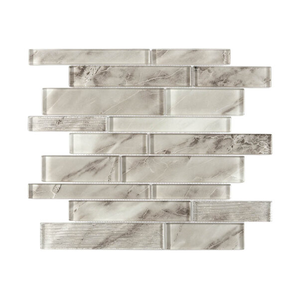 gray-marble-look-linear-glass-mosaic-front Gray Veined Linear Glass Mosaic Tile With Mixed Long Strip