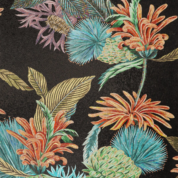 Tropical Floral Handmade Glass Mosaic Mural Tile with Black Background and Iridescent Glass Leaves
