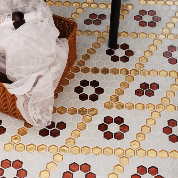 hexagon-gold-white-red-glass-tile-floor-close-up White and Gold Hexagon Glass Mosaic Tiles with Red Flower Design