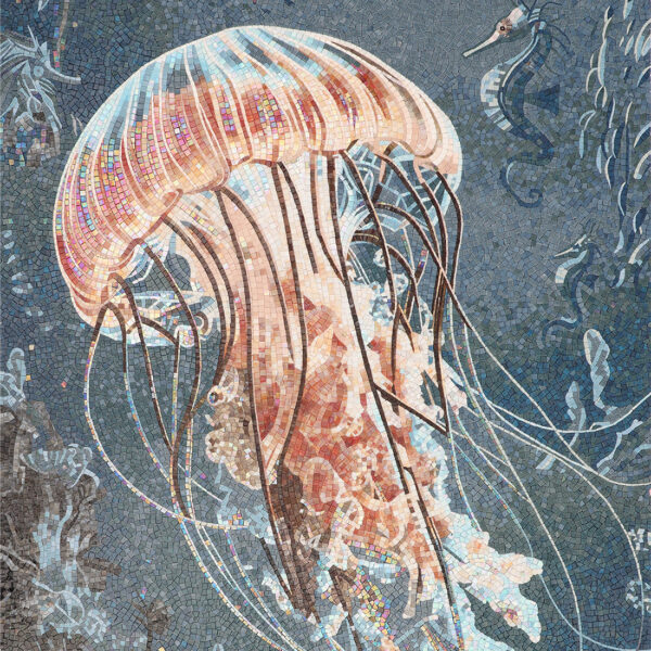 Deep Sea Jellyfish Handmade Glass Mosaic Mural – Ocean Wall Art for Living Spaces