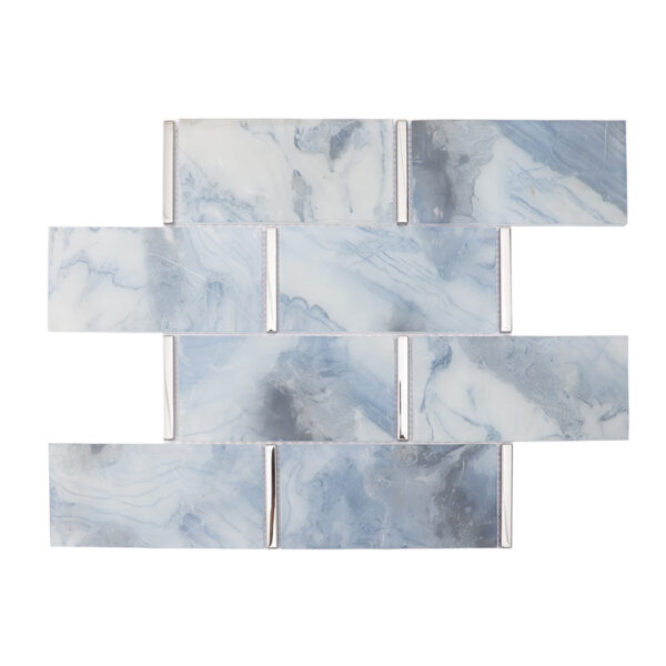 light-blue-glass-mosaic-subway-tile-sheet Mediterranean Coastal Style Light Blue Glass Subway Tile Spa Bathrooms, Pool Houses Mosaic