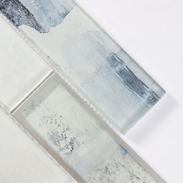 misty-blue-silver-edged-subway-tile-detail White Blue Staggered Glass Tile Vanity Backsplash Mosaic