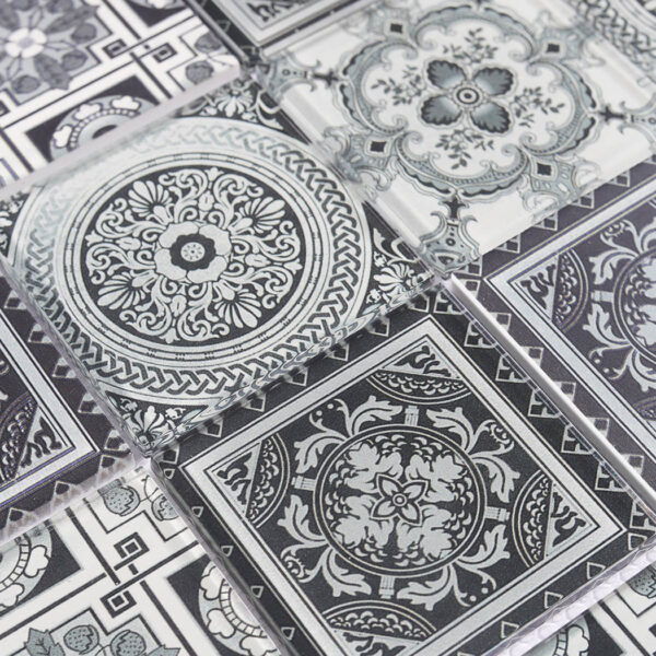 mixed-floral-geometric-glass-tile-pattern-closeup Big Square Black White Vintage Patterned Glass Tile
