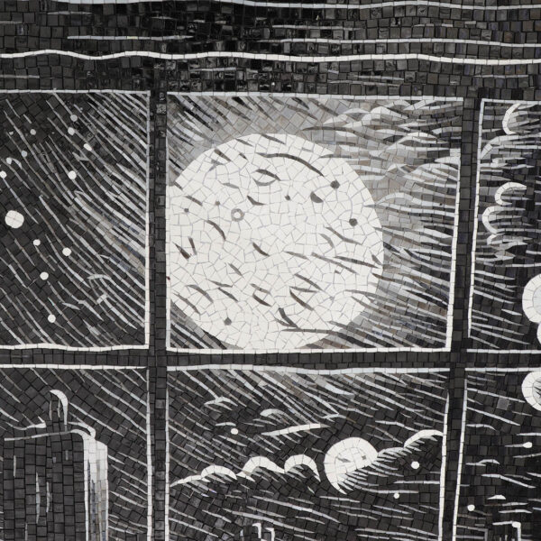 moon-and-clouds-window-mosaic-detail Handmade Black and White Moon Window Mosaic Mural Wall Art
