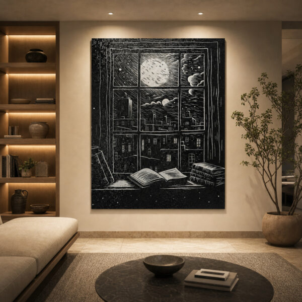 moon-mosaic-mural-in-modern-living-room Handmade Black and White Moon Window Mosaic Mural Wall Art