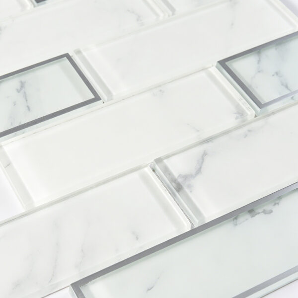 White Silver Border Glass Subway Tile